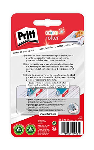 Pritt Micro Rolli, correctores de bolígrafo para tapar errores, cintas correctoras que no dejan manchas, corrector escolar en azul, verde y rosa, 2 (5mm x 6m)