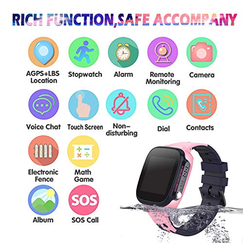 PTHTECHUS Reloj Inteligente para Niños a Prueba de Agua IP67, Teléfono Smartwatch LBS localizador SOS Alarma por Chat de Voz Cámara, Regalo para Niño Niña Reloj Digital de Pulsera, Rose