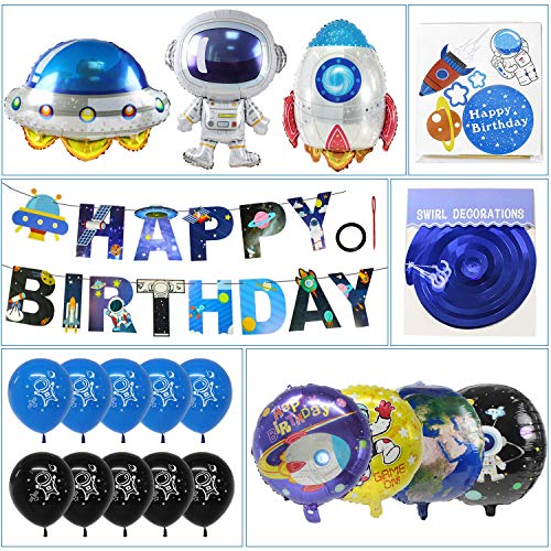 Pushingbest Decoraciones Cumpleaños, Decoraciones de Fiesta temáticas del Espacio Exterior, Globos espaciales de Astronautas con 4D Globos, Happy Birthday Pancarta Colgar Remolino