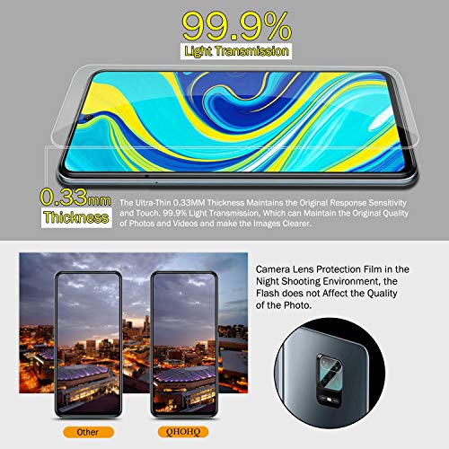 QHOHQ 2 Piezas Protector de Pantalla para Xiaomi Redmi Note 9S/Note 9 Pro/Poco M2 Pro con 2 Piezas Protector de Lente de Cámara, Cristal Templado Membrana, [9H Dureza] - HD - [Anti-Arañazos]