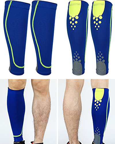 Qitun Circulación para Corredores Terneros, Apoyo las medias Para Correr Baloncesto - Calentadores de Pantorrilla de Compresion (Envoltura única) Azul L