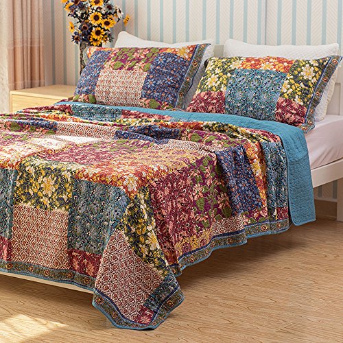 Qucover Cubrecama Patchwork para Cama 150,Cama 180,Colcha nordica bouti de piqué,100% Algodón,Manta con Fundas de Almohada,Retazos Reversible para Matrimonio Verano King Size