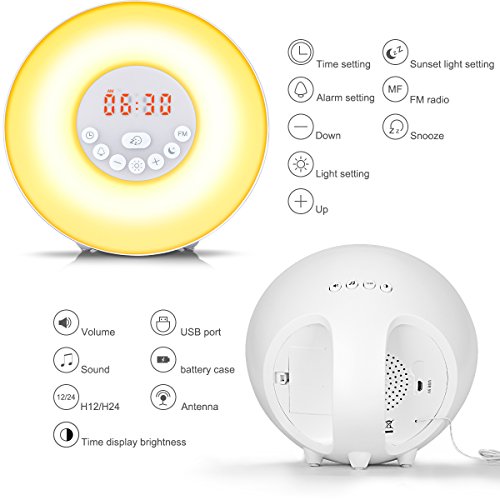 Queta Despertador Luz Amanecer-Radio FM/Función Snooze/7 Luces Colores/6 Melodías-Reloj Despertador Digital (Blanco)