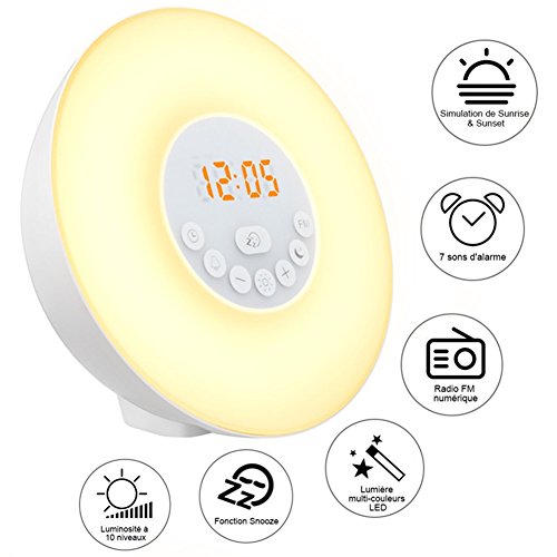 Queta Despertador Luz Amanecer-Radio FM/Función Snooze/7 Luces Colores/6 Melodías-Reloj Despertador Digital (Blanco)