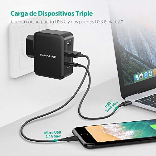 RAVPower Cargador Movil USB 3 Puertos 5V/3A Cargador Red de Pared con 2 Puertos iSmart y Puerto Tipo C Compatible con iPhone 11 Pro MAX XS MAX XR X 8 Plus iPad Pro Air Mini Samsung LG Huaiwei Xiaomi