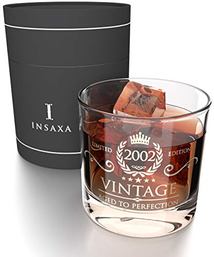 Regalos de 18 Cumpleaños para Hombres y Mujeres. Vaso de Cristal para Whisky Vintage 2002 (380ml)