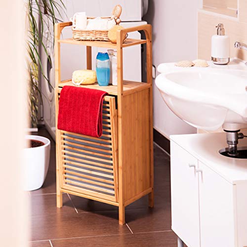 Relaxdays Estantería con cesto de la Colada, Dos estantes, Mueble de baño, 25L, 95x40x30 cm, 1 Ud, Bambú, Marrón Natural