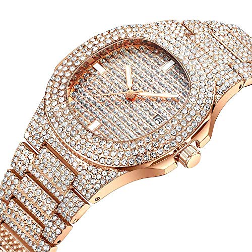 Reloj Analógico Mujer, Reloj de Cuarzo de Acero con Diamantes de imitación a Prueba de Agua para Mujer Women Watch Bling Bling Fashion Jewelry Crystal Diamond Rhinestone (Oro Rosa)