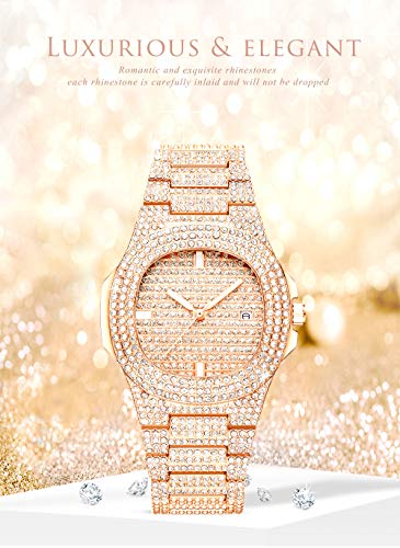 Reloj Analógico Mujer, Reloj de Cuarzo de Acero con Diamantes de imitación a Prueba de Agua para Mujer Women Watch Bling Bling Fashion Jewelry Crystal Diamond Rhinestone (Oro Rosa)