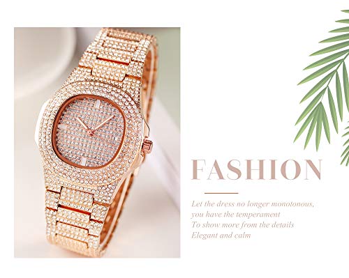 Reloj Analógico Mujer, Reloj de Cuarzo de Acero con Diamantes de imitación a Prueba de Agua para Mujer Women Watch Bling Bling Fashion Jewelry Crystal Diamond Rhinestone (Oro Rosa)