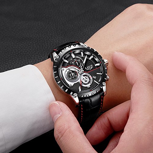 Relojes para Hombres,LIGE Correa de Cuero Impermeable Deportes Militar Reloj Gents Cronógrafo Calendario Top Marca Analógico de Cuarzo Relojes de Pulsera Negro