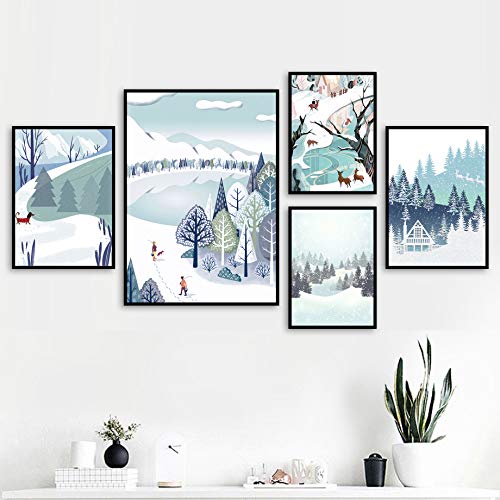 Retro Snow Mountain Forest Lake Ilustración Arte de la pared Lienzo Pintura Poster Living Room Picture 30X40 cm