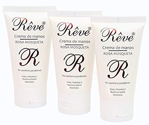 REVE Crema de Manos Rosa Mosqueta (Pack 3 Uds de 30 ml) Enriquecida con Urea, Vitamina E, Karité y Alantoina. Rápida Absorción - Textura no Grasa - Ideal para Manos Secas - Formato Bolso