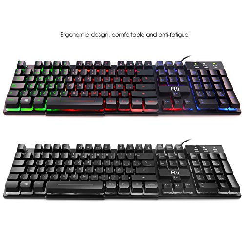 Rii RK100+ Novedoso Teclado USB Retroiluminado,Colores Rainbow y Panel metálico Resistente,Alta sensibilidad Ideal para Jugar, QWERTY con Layout Español Teclado espandido.