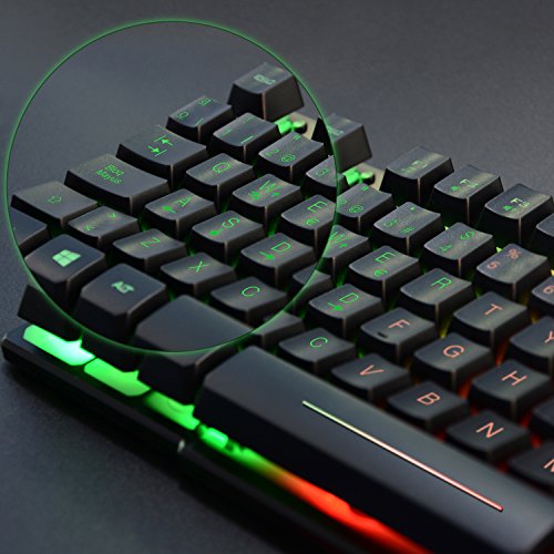 Rii RK100+ Novedoso Teclado USB Retroiluminado,Colores Rainbow y Panel metálico Resistente,Alta sensibilidad Ideal para Jugar, QWERTY con Layout Español Teclado espandido.