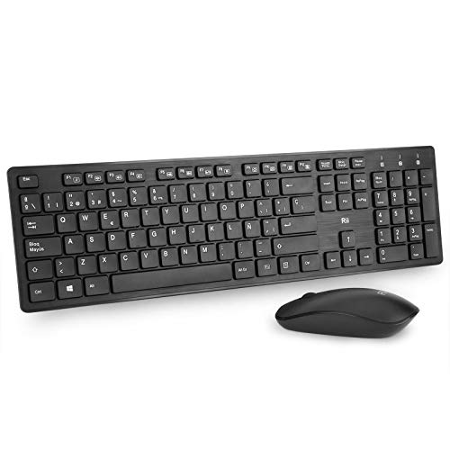 Rii RK200 Combo Ratón y Teclado Inalámbrico para Android/Windows/Mac/Linux y Otros Dispositivos con USB-QWERTY Español,Color Negro