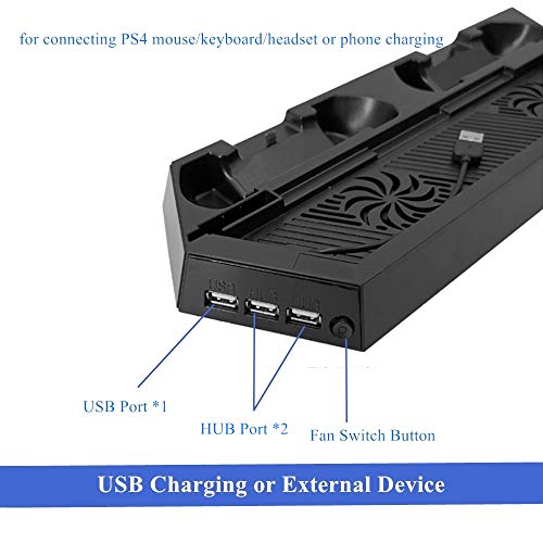 Rixow Refrigeración para PS4 con Dos Ventiladores de Playstation 4 Consola con Puertos Libres Cargador Doble Estación de Carga para Dual Shock - Negro