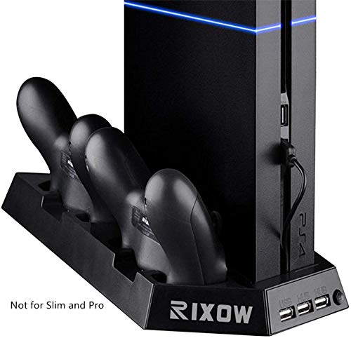 Rixow Refrigeración para PS4 con Dos Ventiladores de Playstation 4 Consola con Puertos Libres Cargador Doble Estación de Carga para Dual Shock - Negro