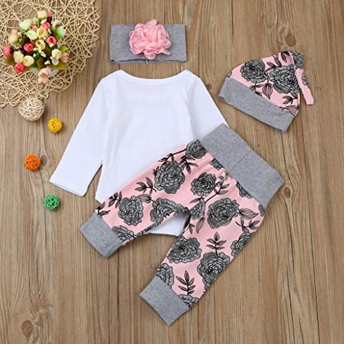 Ropa Bebe Niña Otoño Invierno Fossen Recién Nacido Niña Peleles Monos de Manga Larga + Floral Pantalones + Sombrero + Venda de Pelo,0-18 Meses Bebé Ropa (3-6 Meses, Rosa)