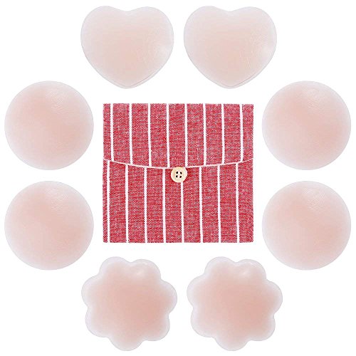 Rovtop 4 Pares Cubierta de Pezón Pezoneras para Mujer - Regalos: Bolsa de Almacenamiento de Algodón, Pezones Reutilizables Pegatinas (Forma de Corazón, Forma de Flor, Forma de Círculo)