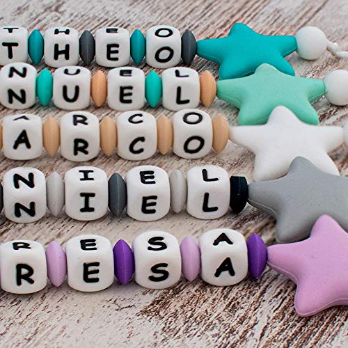 RUBY - Chupetero personalizado para bebe con nombre bola silicona antibacteria con pinza de acero inoxidable. Chuptero Estrella (Morado)