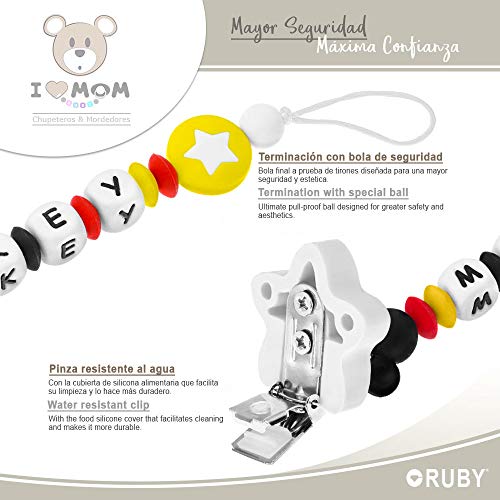 RUBY - Chupetero Personalizado para Bebe con Nombre Bola Silicona Antibacteriana con Pinza de Acero Inoxidable (negro)