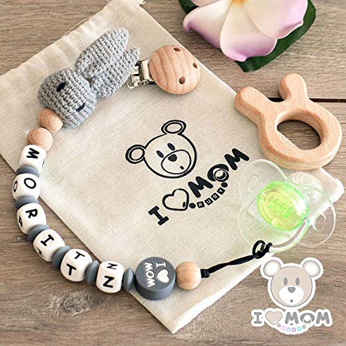 RUBY - Chupetero personalizado para bebe con nombre, figura crochet, bola silicona antibacteria con pinza redonda plástico, con 3 agujeros de seguridad. 2º unid al 15% de desc. (Gris-01)