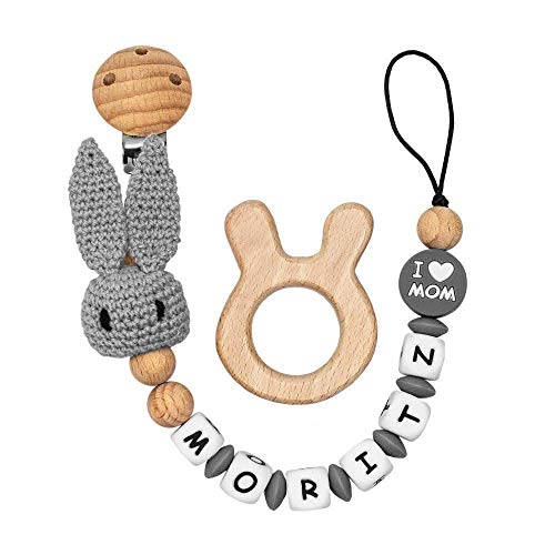 RUBY - Chupetero personalizado para bebe con nombre, figura crochet, bola silicona antibacteria con pinza redonda plástico, con 3 agujeros de seguridad. 2º unid al 15% de desc. (Gris-01)