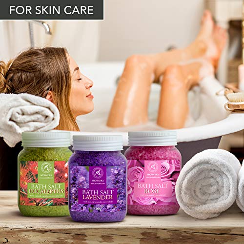 Sales de Baño Set 3x400g con Aceite 100% Natural Lavender - Rosas - Eucalipto - Mejor para Buen Sueño - Alivio del Estrés - Baño - Cuidado Corporal - Bienestar - Belleza - Relajación - Spa