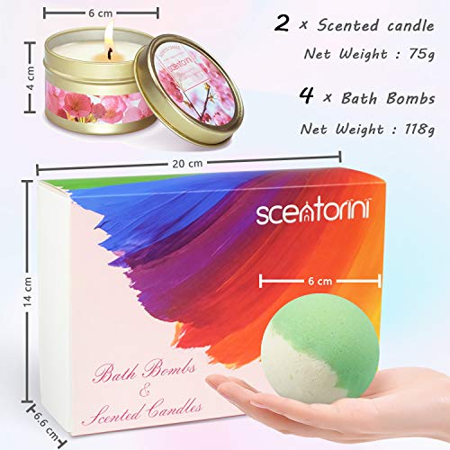 SCENTORINI Set de Regalo Bombs Perfumadas de Baño Bath Ball Natural Spa para el cuidado y la relajación (4 x 118 g Bath Bombs + 2 x 75 g Velas perfumadas de cera de soja)