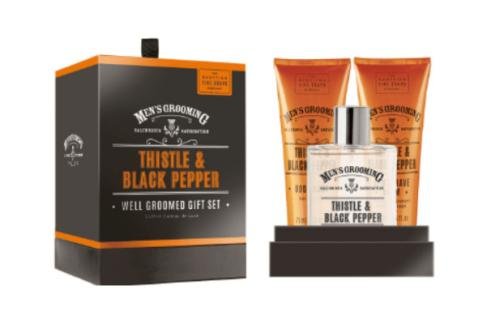 Scottish Fine Soaps Cardo y Pimienta Negra Bien Cuidados Set Caja Regalo Incluye Eau de Toilette 50ml, Cuerpo Lavado 75ml y Bálsamo Aftershave 75ml