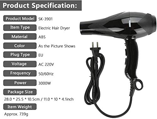 Secador de Pelo Profesional Secador Iónico de 3000W con 2 Boquillas, 2 velocidades y 3 temperaturas, Botón de Aire Frío, Negro Salon