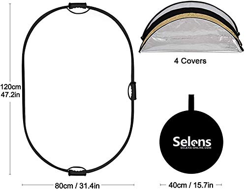 Selens 5 en 1 Reflector de Luz Oval 80x120CM Plegable Portátil con Asa Iluminación Estudio Fotográfico Fotografía al Aire Libre, Color Negro, Blanco, Oro, Plata, Translúcido