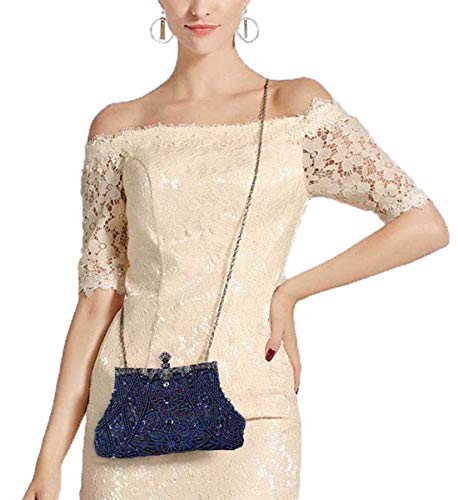 Selighting Cartera de Mano Fiesta Vintage, Clutch Mujer Elegante Bolso de Noche Bolsos de Embrague con Cuentas para Fiesta Cóctel Ceremonia Boda Novia (Azul)