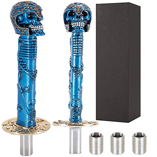 Semoss Universal Cráneo Pomo Cambio de Marchas Calavera Largo Palanca Automatico o Manual 27cm para Coche Camión SUV con 8mm 10mm 12mm Metal adaptadores,Azul