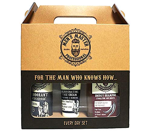 Set de regalo para hombre 3 piezas de Men's Master, Every Day Set, Desodorante antitranspirante, Crema rejuvenecedora y Champú estimulante