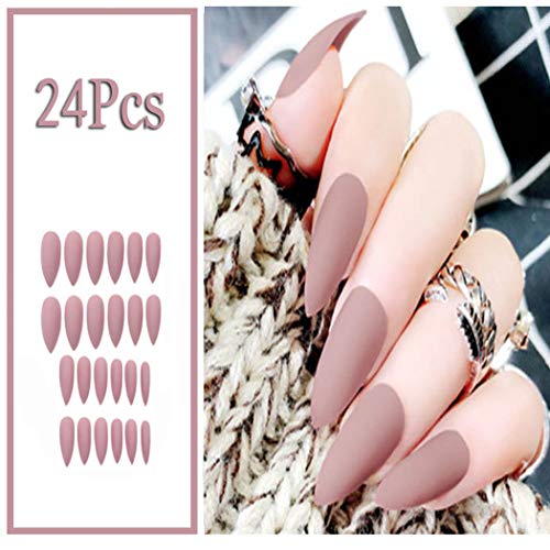 Sethexy 24Pcs Puro Color Mate Afilado Uñas postizas Esmerilado Moda Estilete Cubierta completa Uña acrílica larga Uñas postizas para mujeres y niñas（rosa marrón）