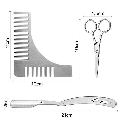 Shaping Plantilla Todo la Barba, Laxus Acero Inoxidable Barba Peine Plantilla, Tijera y Navaja de Afeitar - 10pcs Cuchilla de doble filo