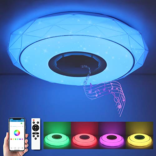 SHILOOK Lámpara LED de Techo Regulable con Altavoz Bluetooth, Mando a Distancia y Aplicación, 24W RGB Cambio de Color para Domitorios Juveniles Salón, 3000-6500K Estrellas Moderna Redonda 40cm