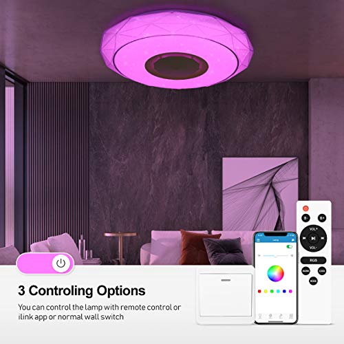 SHILOOK Lámpara LED de Techo Regulable con Altavoz Bluetooth, Mando a Distancia y Aplicación, 24W RGB Cambio de Color para Domitorios Juveniles Salón, 3000-6500K Estrellas Moderna Redonda 40cm