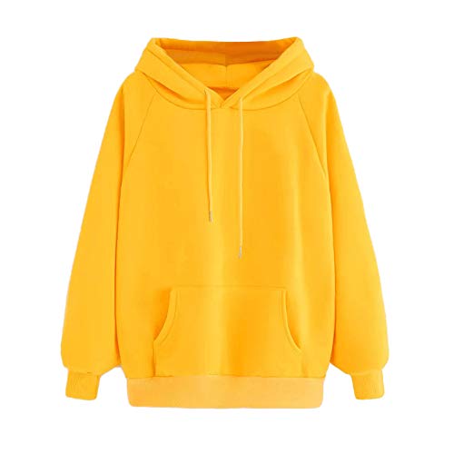 SHOBDW LiquidacióN Venta Moda para Mujer Sudadera con Capucha Pullover Blusa con Bolsillo SóLido Flojo OtoñO Invierno Manga Larga para Mujer Tops(Amarillo,L)