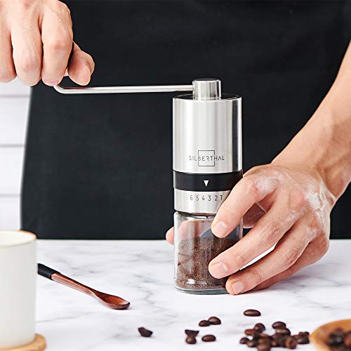 SILBERTHAL Molinillo de café manual | Molinillo de café profesional de mano acero inoxidable y vidrio | Moledor cafe manual regulable | Molinillo de cafe portatil | Coffe grinder