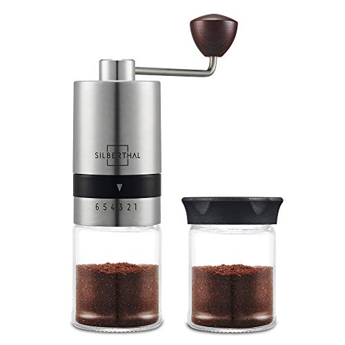 SILBERTHAL Molinillo de café manual | Molinillo de café profesional de mano acero inoxidable y vidrio | Moledor cafe manual regulable | Molinillo de cafe portatil | Coffe grinder