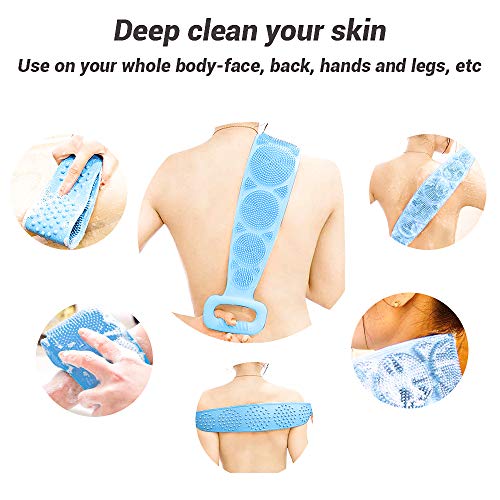 Silicona Cuerpo Cepillo, Exfoliante Posterior de Silicona, 72cm de Doble Cara Baño de Silicona Cepillo Corporal Exfoliante Largo, Suave y Seguro, Masaje Corporal Completo, Fácil de Limpiar (azul)