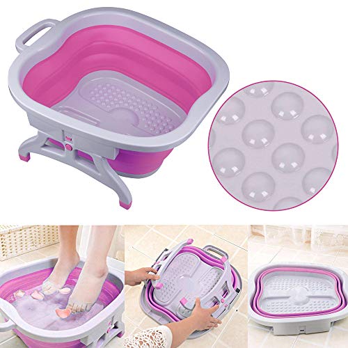 Sinbide Masajeador SPA para Pies Baño para su Relajación y Rejuvenecimiento Bañera de Pies Goma Cucharón con Burbujas Azul Rosa Plegable (Rosa)