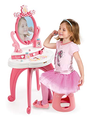 Smoby - 320222 - Disney Princesses - Coiffeuse 2 en 1 + Tabouret - 10 Accessoires Rose/Blanc