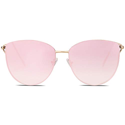 SOJOS Gafas De Sol Redonda Ojo De Gato Retra Plana Mujer Metal SJ1085 Con Marco Dorado/Lente Espejo Rosado