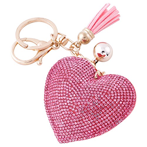 Soleebee Llavero de Cuero del Corazón del Amor Encanto de la Bolsa del Coche Cristalino con Borlas Cadena de Clave (Rosado)