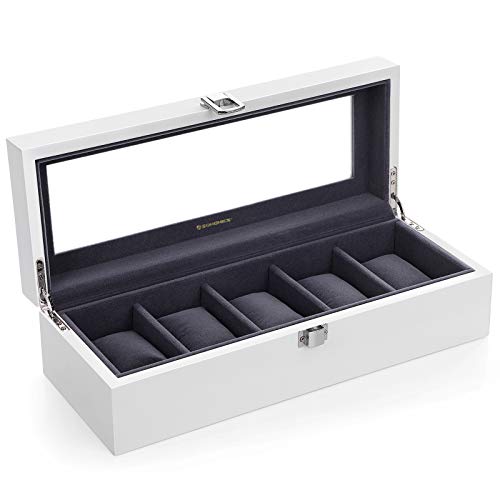 SONGMICS Caja de Relojes con 5 Compartimientos, Estuche de Madera para Relojes, Tapa de Vidrio, Almohadillas Extraíbles, Forro de Terciopelo, Cierre de Metal, Blanco JOW05WT