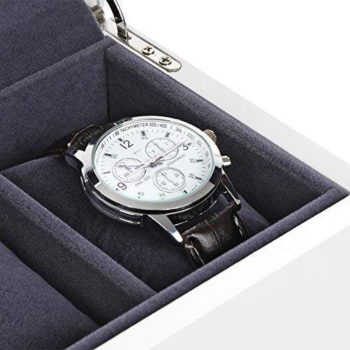 SONGMICS Caja de Relojes con 5 Compartimientos, Estuche de Madera para Relojes, Tapa de Vidrio, Almohadillas Extraíbles, Forro de Terciopelo, Cierre de Metal, Blanco JOW05WT